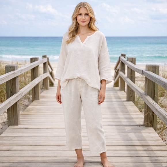 Eileen Fisher Pants - EILEEN FISHER 100% NATURAL LINEN PULL ON CAPRI PANTS SIZE LARGE